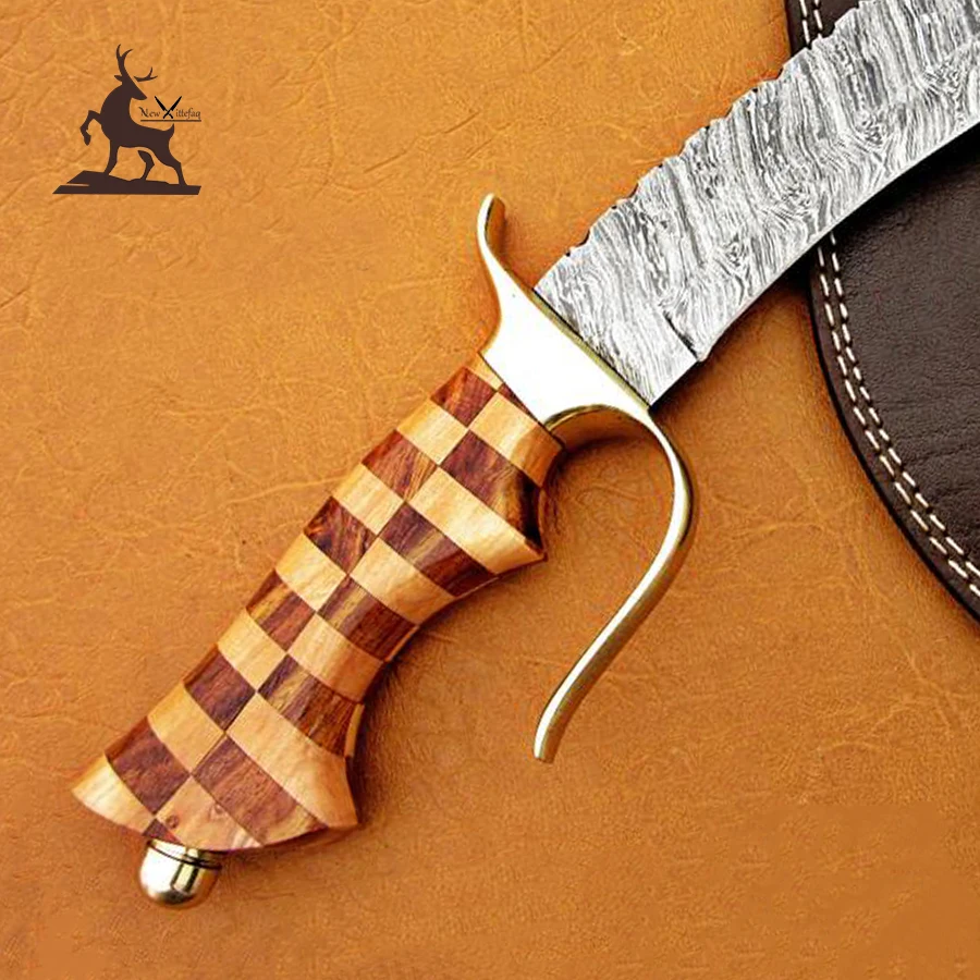 Custom handmade Damascus Hunting knife with brass guard and wood handle with leather sheath