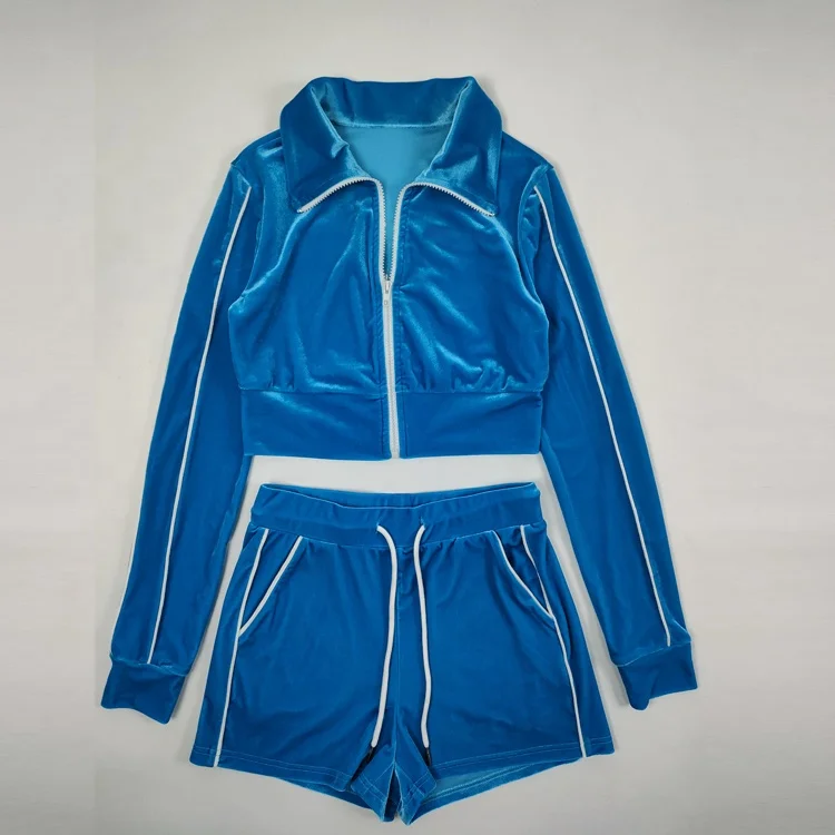Custom Logo Velour Suits Shorts And Long Sleeve Crop Top Track Suit Workout 2 Piece Set Velvet Tracksuit For Women Breathable