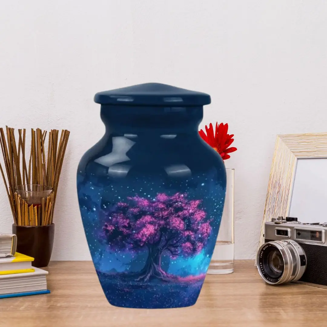 Starry Cherry Tree Cremation Urn Deep Blue with Pink Blossoms Decorative Modern Ashes Urn Space Tree Art Vase for Sale
