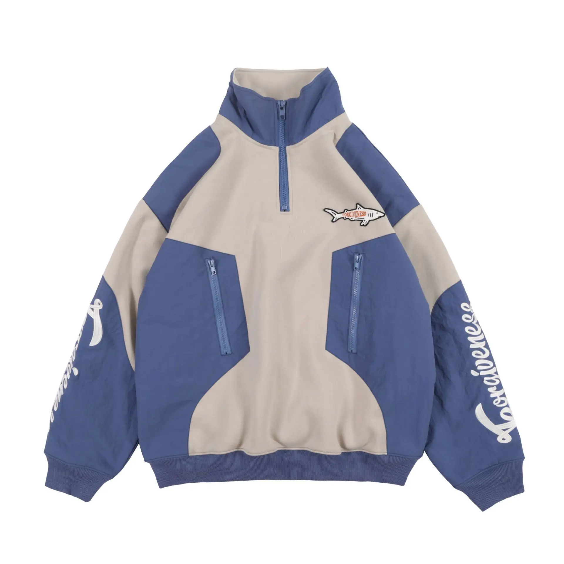 2024 New Color Block Patchwork Hoodies Half Zip up Splicing Plus Fleece Custom Embroidered Sweatshirt Hoodie