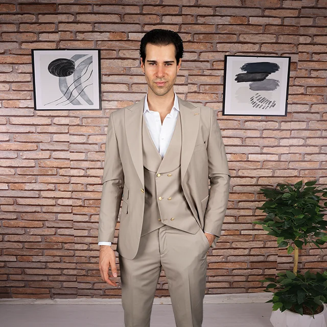 Cool Beige 3 Piece Tuxedo Suits, White Satin Lapel, Stylish Silver Tux Slim Fit Wedding Groom Party Wear Coat Pant