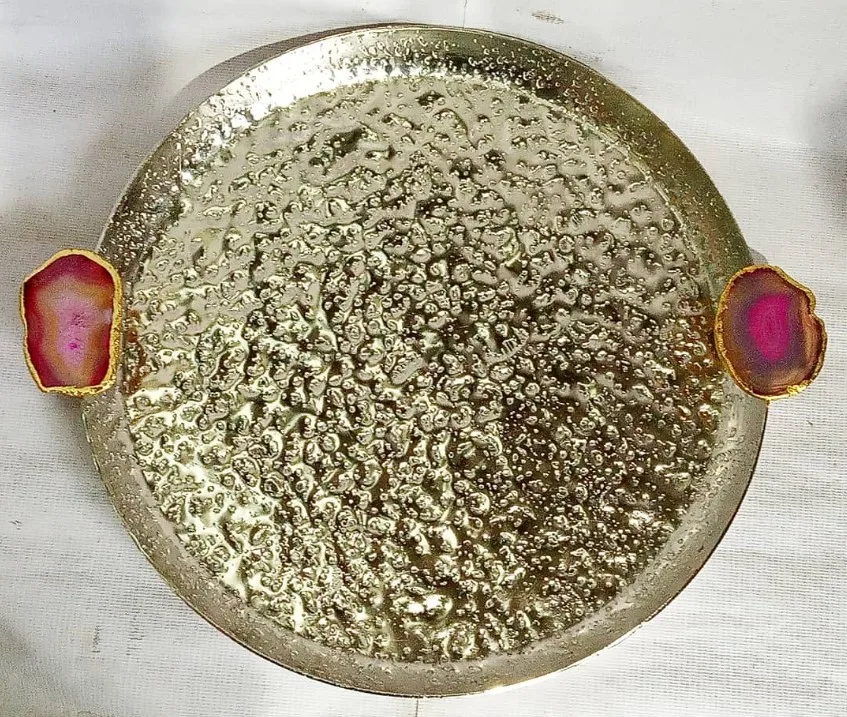 Custom Finished round Serving Tray with Handle Metal Bulk Supplies for Hotels Direct from Factory