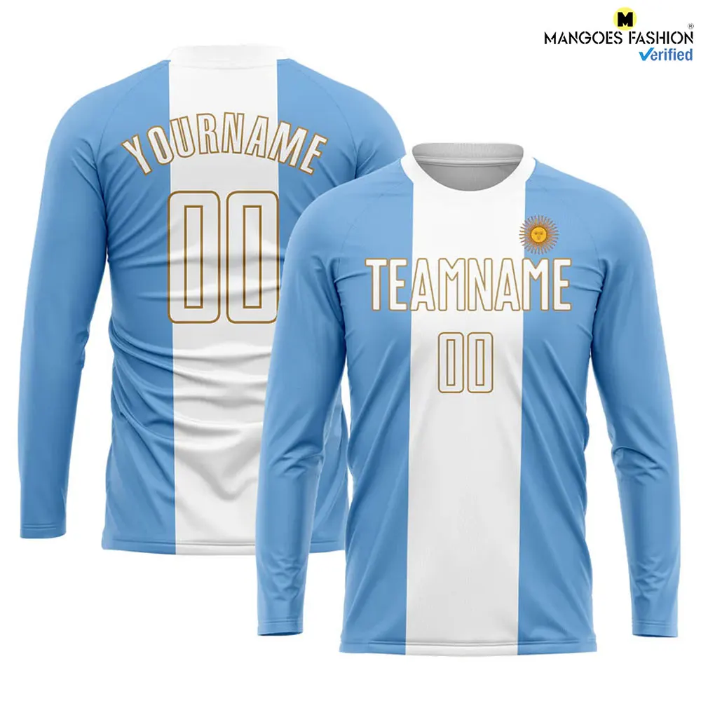 Custom Light Blue White-old Gold Sublimation Argentinian Flag Soccer Uniform Jersey Men Soccer Uniform Team Shirt Shorts