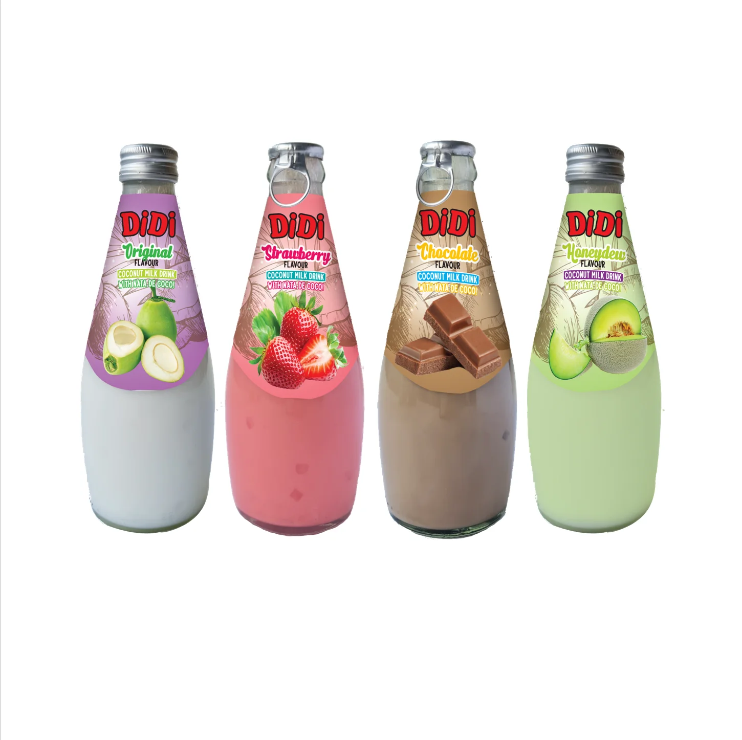 DiDi Coconut Milk with Nata De Coco - Honeydew Melon Flavour Coconut Milk Coconut Juice Nata De Coco 290ml Glass Bottle
