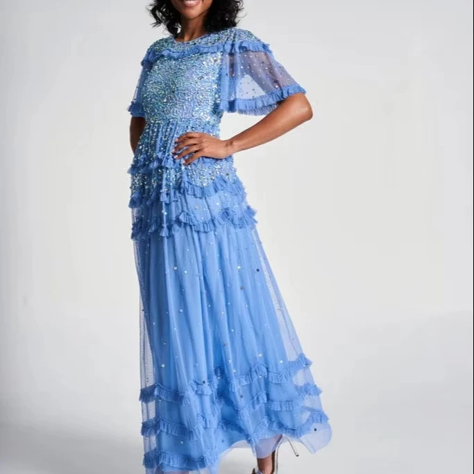 Platinum BLUE Gatsby Miss Fisher 1920s Flapper Beaded Party Wedding Dress Elegant Long Skirt with Embellished Detail Plus SZ