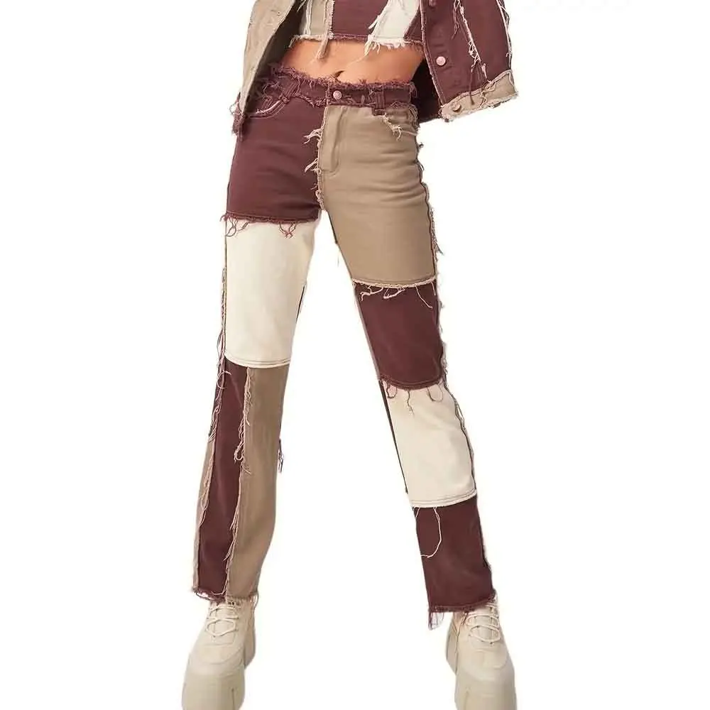 Wholesale Rate Color Block Raw Trim Slim Fit Casual Denim Pants For Women / Winter Season Custom Casual Denim Jeans For Women