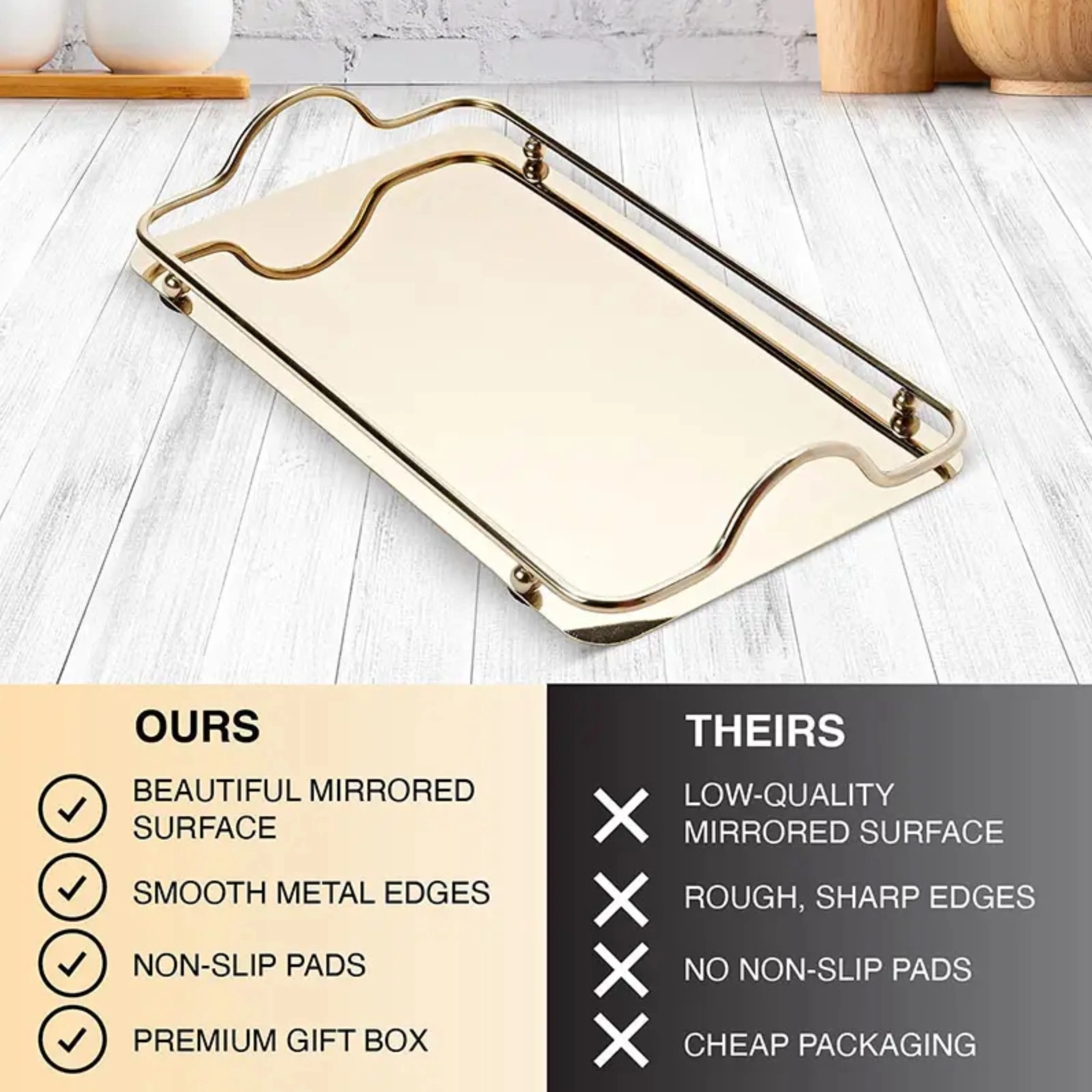 Luxury Antique Metal Serving Rectangle Decorative Trays Mirror Finished with Metal Handles for Hotels and Home