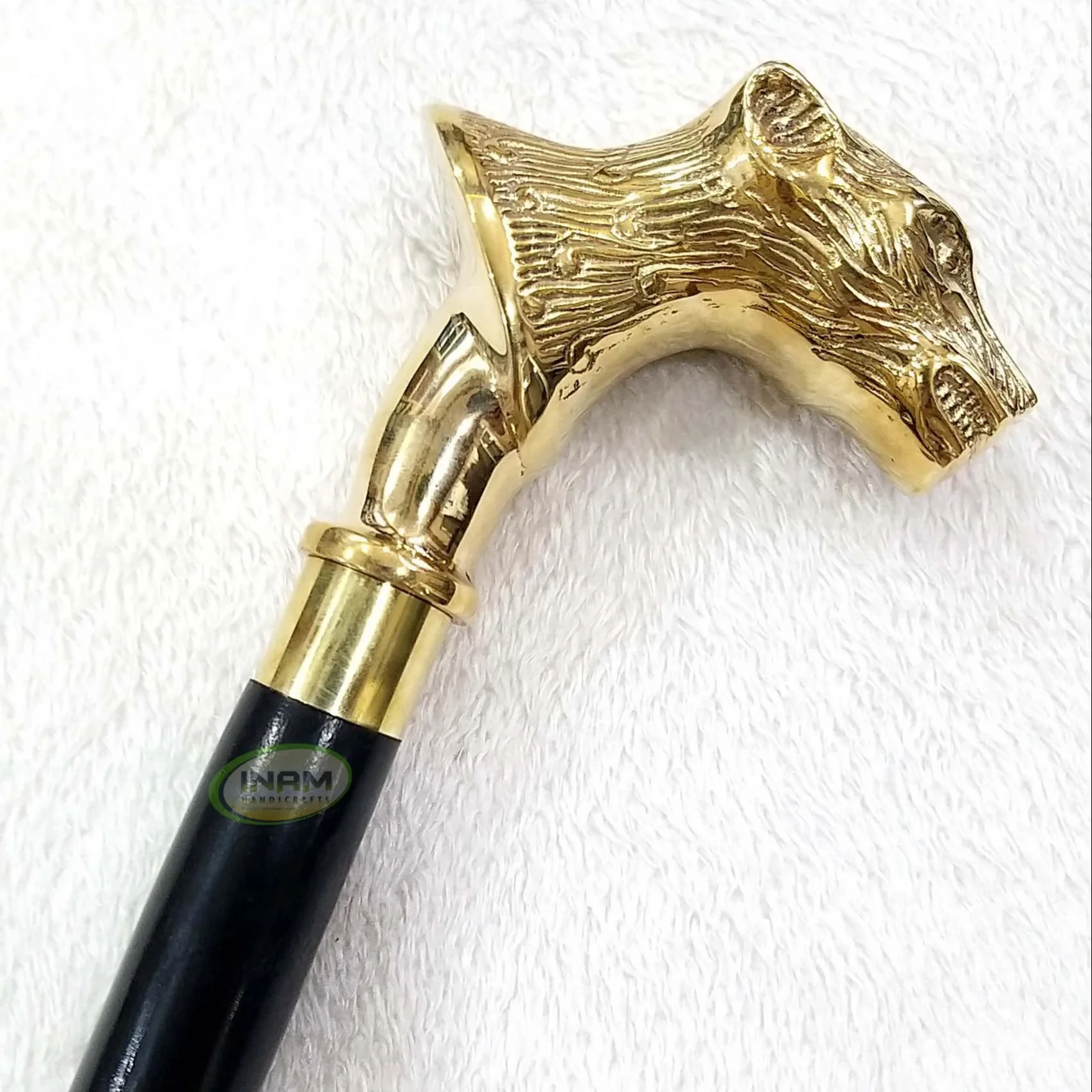 Wooden walking stick handmade with brass Wolf Head handle / Wooden walking canes with brass Wolf Head handle