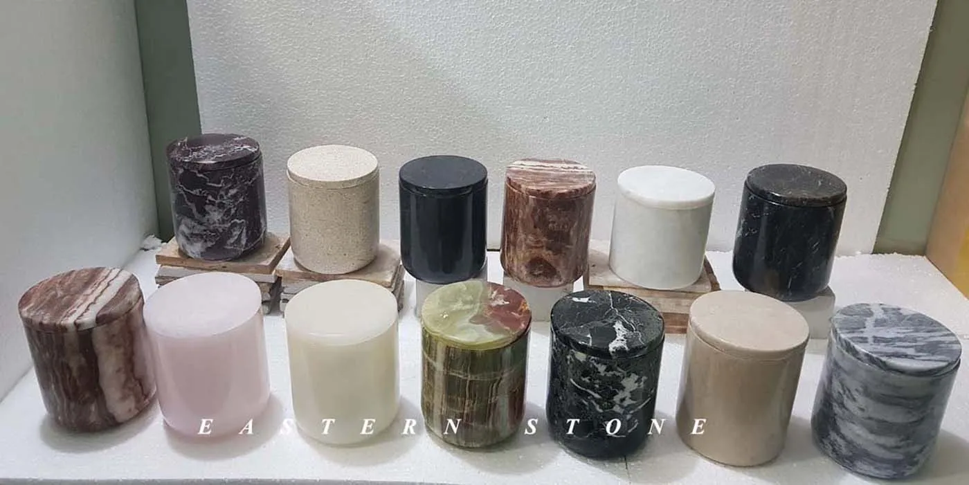 WHOLESALE EMPTY LUXURY ONYX, MARBLE STONE, ALABASTER CANDLE JARS AND CONTAINERS WITH LIDS