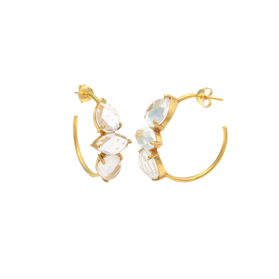 NEW ARRIVAL CRYSTAL QUARTZ GEMSTONE PEAR AND MARQUISE SHAPE 7*9/*10 MM GEMSTONE BRASS EARRING GOLD PLATED BRASS EARRING