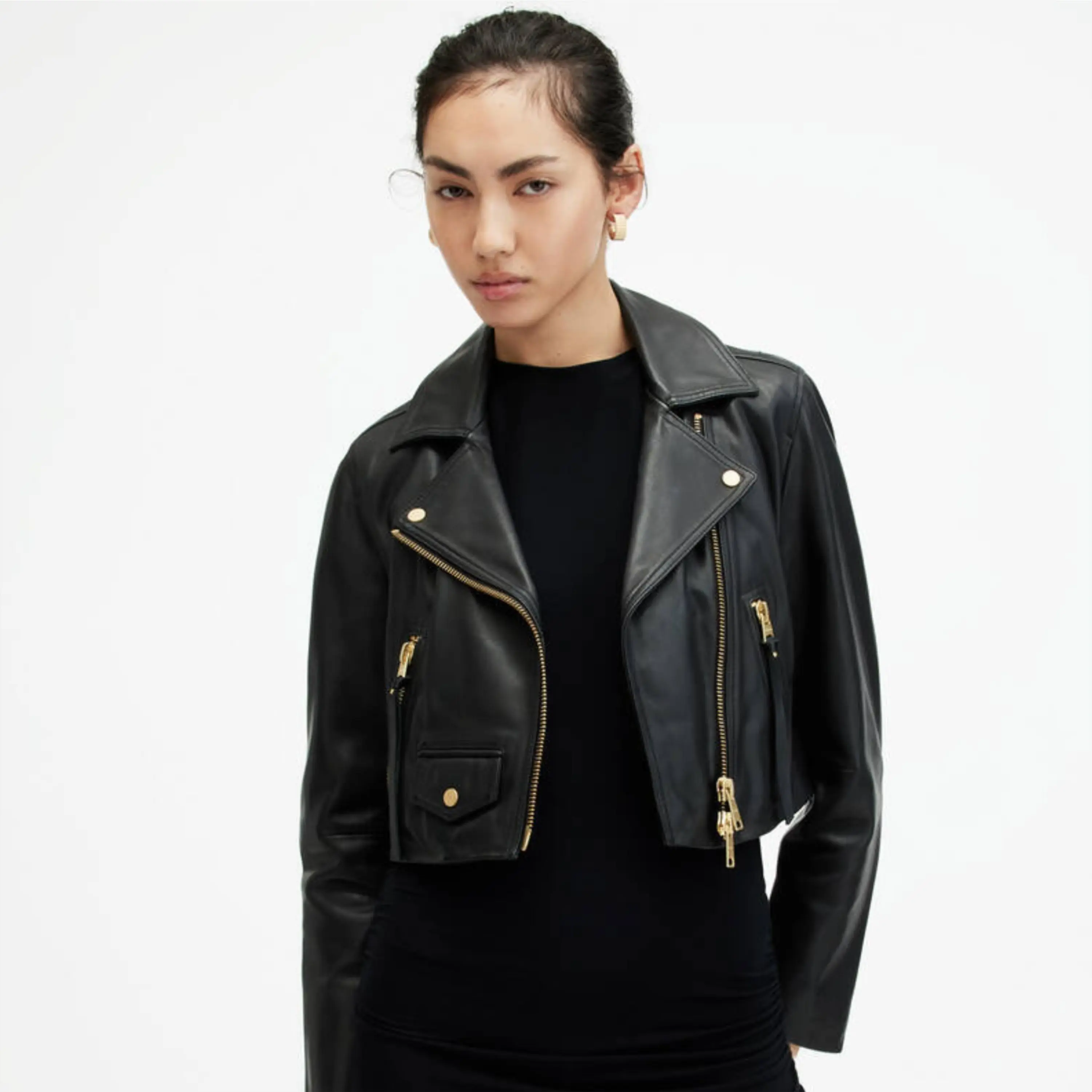 Real Leather Sheepskin Zipper Flashback Black Women Biker Jacket with Quilted Viscose Lining and Inside Outside Pockets