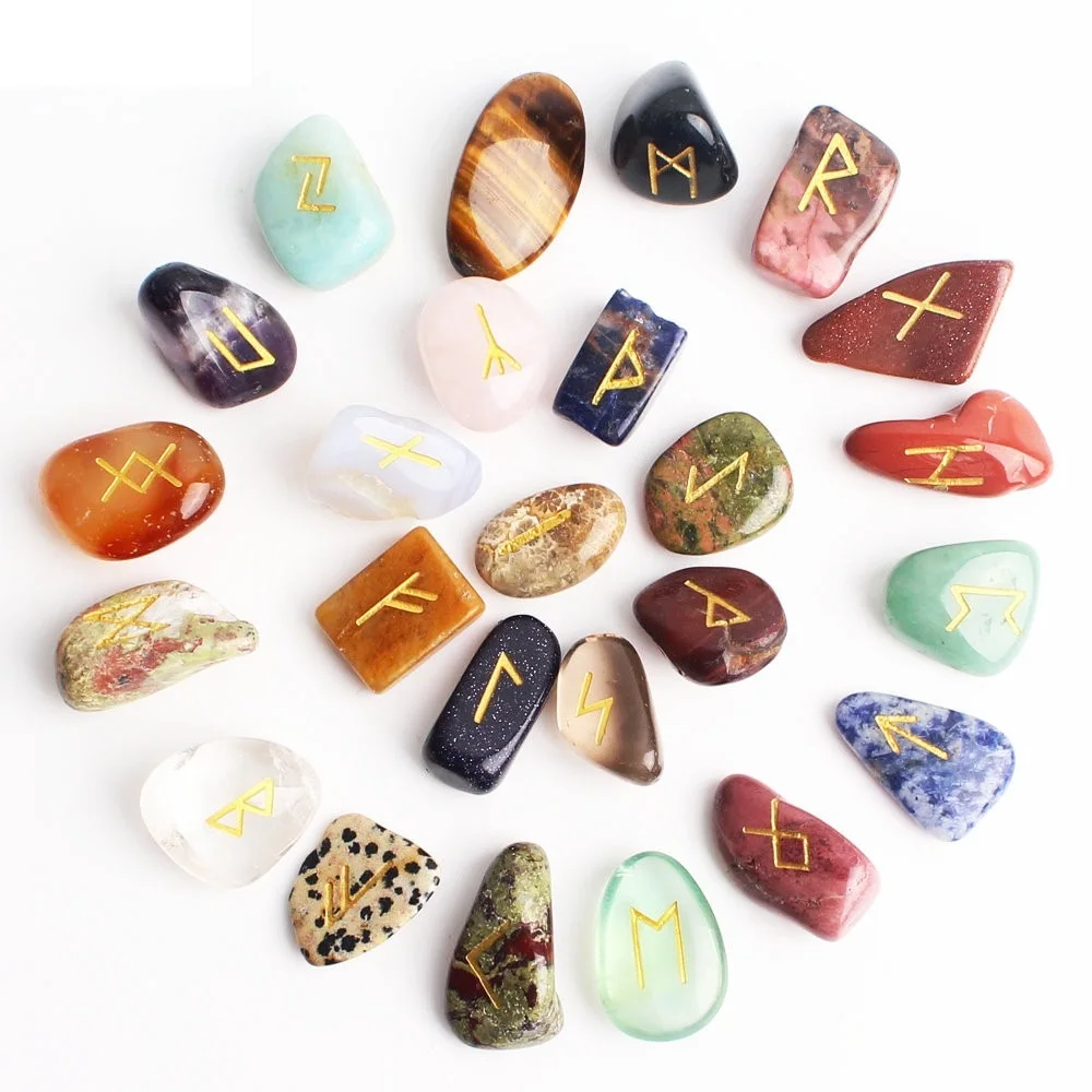 7 chakra Crystal Rune Set Natural Wicca Energy Stone For Divination and Intuition Reiki Meditation In Protection viking rune