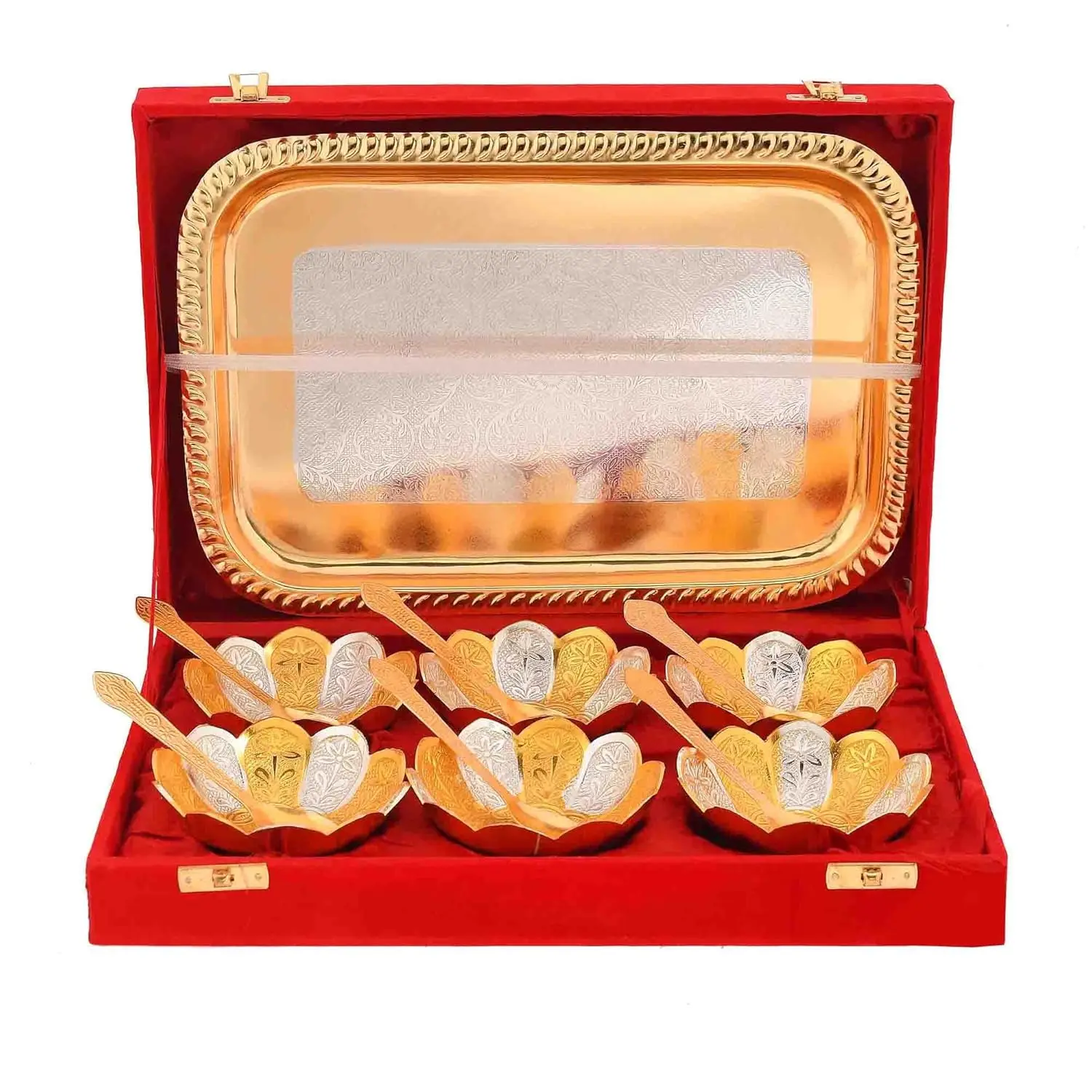 Premium Quality More Durable Gleaming Gold and Silver Plated Round Lotus Shaped Bowl Spoon and Tray for Best Return Favour Gift