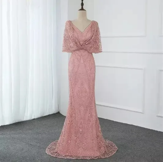 Dubai Pink V-Neck Lace Evening Gowns 2020 Half Sleeves Mermaid Sexy Elegant Formal Evening Dresses