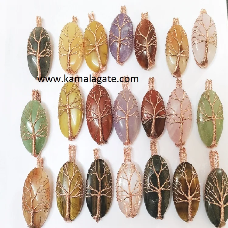 Wholesale Natural Black Tourmaline Gemstone Copper Wire Wrap Pendant with Healing Tree of Life Reiki Pattern for Sale