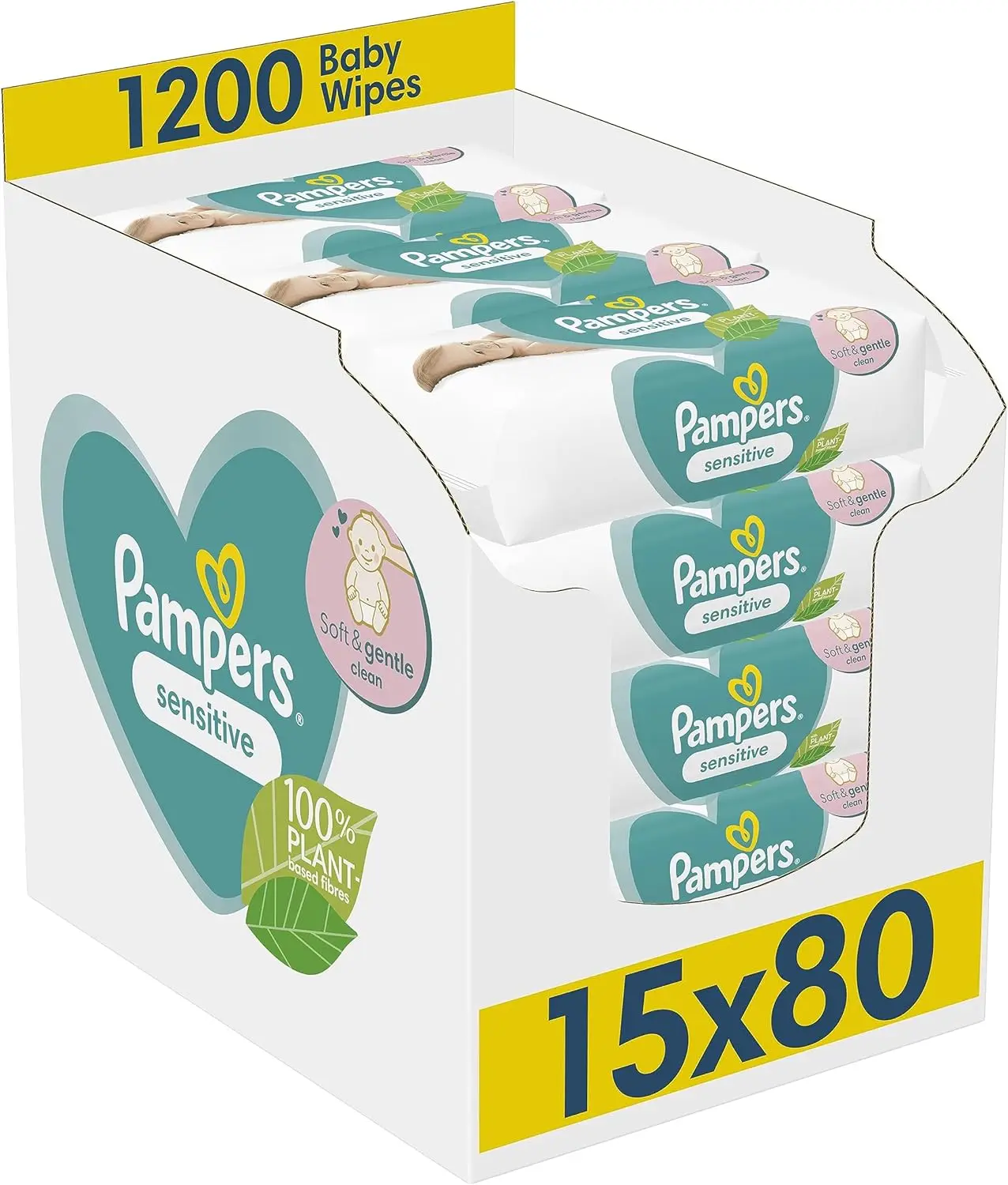 Pampers чувствительные детские салфетки 15 упаковок 80 = 1200 детских влажных салфеток без запаха для мягкой и нежной очистки