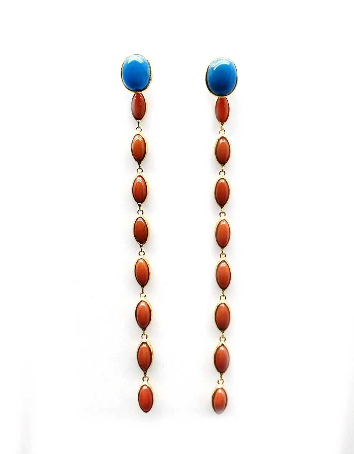 18k Gold Coral and Turquoise Teardrop Earrings Red Thread Beads Earrings 18K Gold Turquoise Coral Diamond Drop Earring