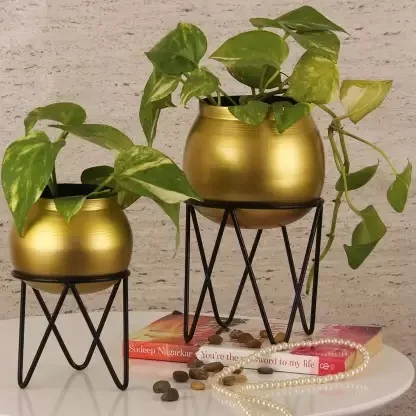 New Metal Floor Plant Pot Set of 3 Ideal for Indoor Outdoor Home Decor Round Planter with Metal Plant Stand (Gold