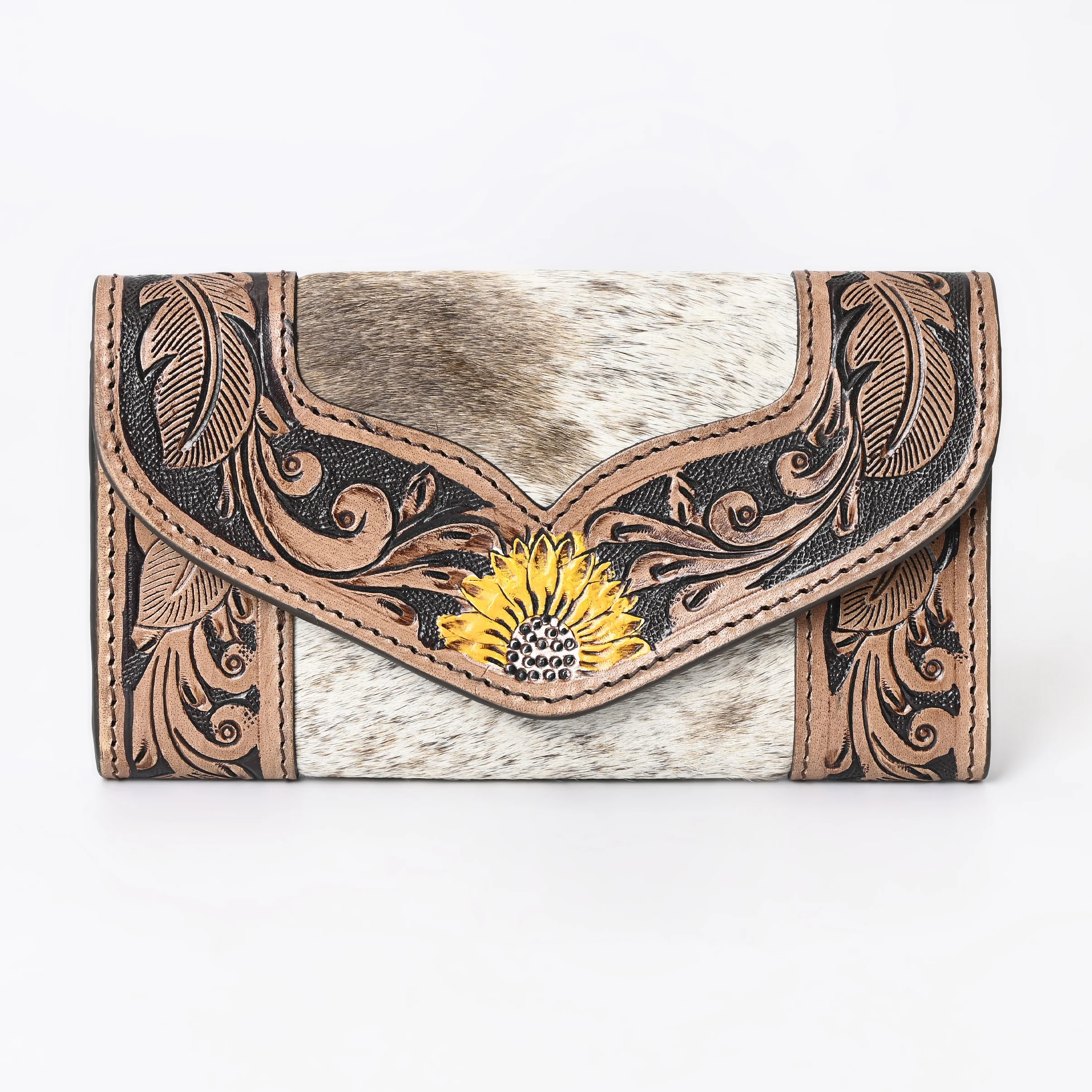Customized Western Fashion Cowhide Tooled Leather Wallet Cowhide Hair On Hand Clutch For Women Daily Use Office Shopping