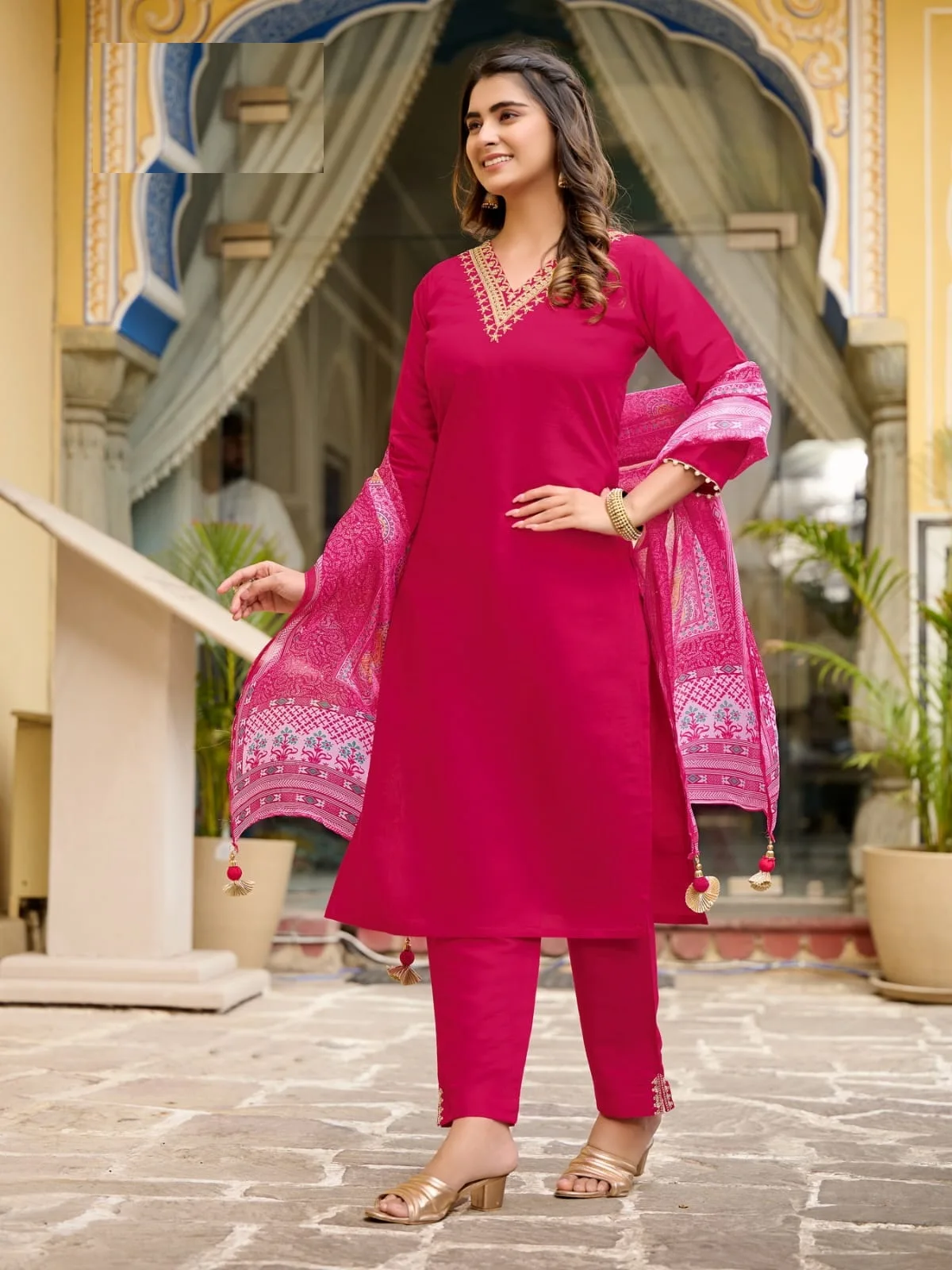 New Cataloger Pure Viscose Roman Silk and Heavy Embroidery with Digital Ta-bi Silk Print Kurtis set