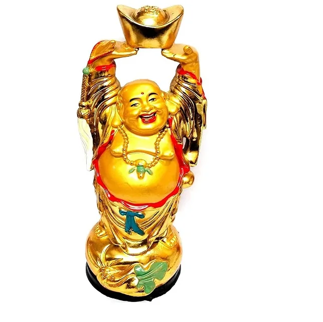 7.5 Inch Laughing Buddha with Ingot Carrying Golden for Good Luck Statues Figurines Sculptures Luck & Wealth Happiness Home Deco