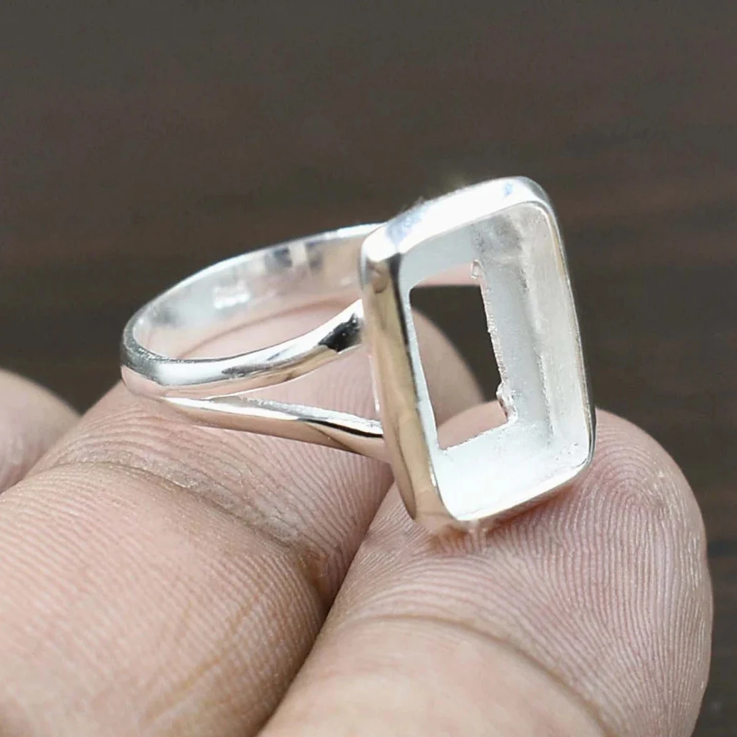 925 Pure Sterling Silver Rectangle Shape 7-30MM Blank Bezel Cup Silver Metal Casting Plain Collet Rings Finding Jewelry Supplier