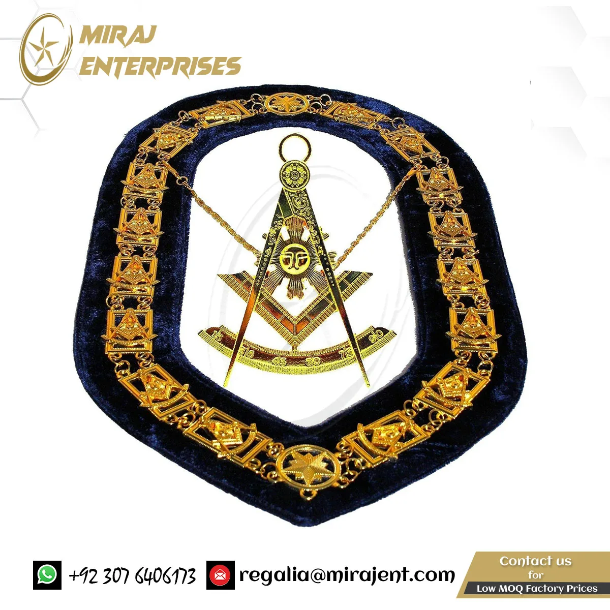 Золотая цепочка на воротник Masonic last Master с синей подкладкой