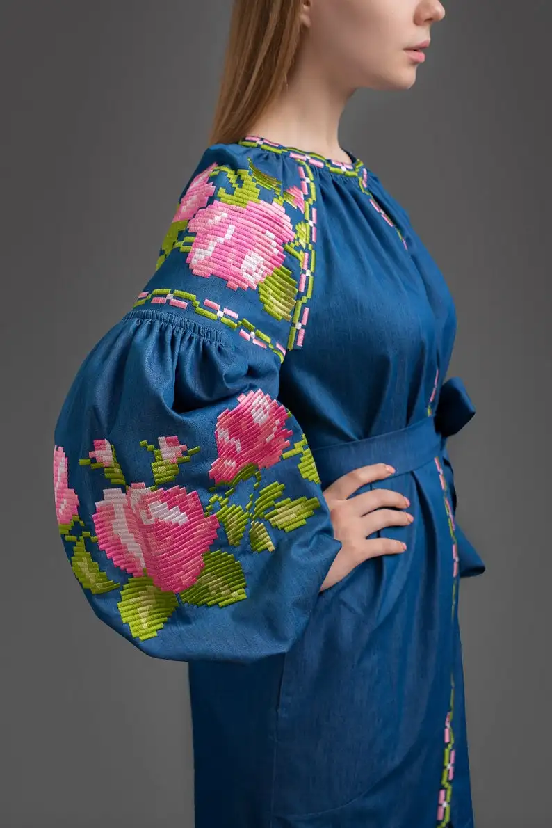 Beautiful & Elegant Ukrainian Style Embroidered Midi Dress Red & Black Embroidered Holidays Casual Maxi Dresses