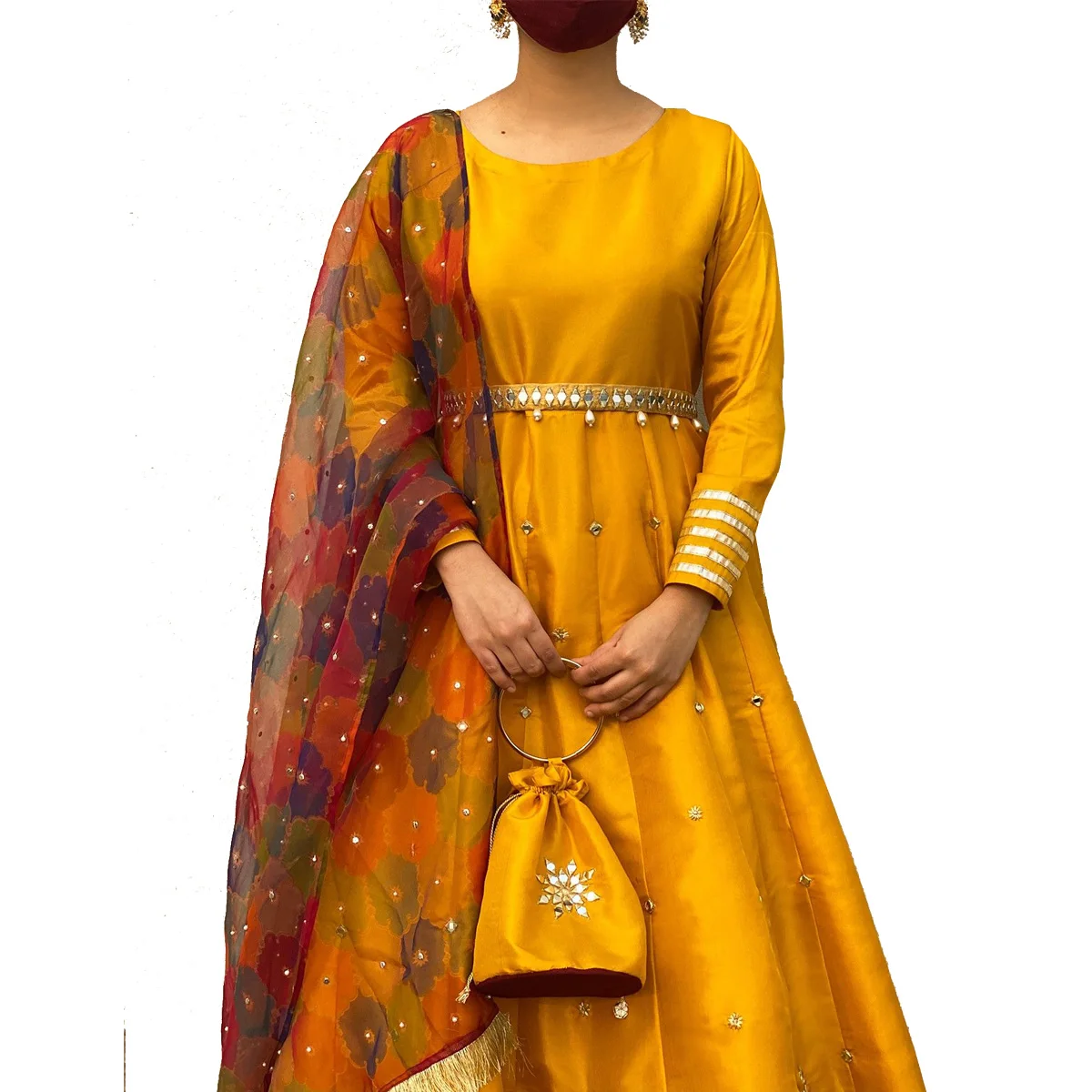 New Punjabi Suit In Pakistani/Indian Style With Nice Shisha Work & Patches At Shirts Along Sharara In Self Print Cotton