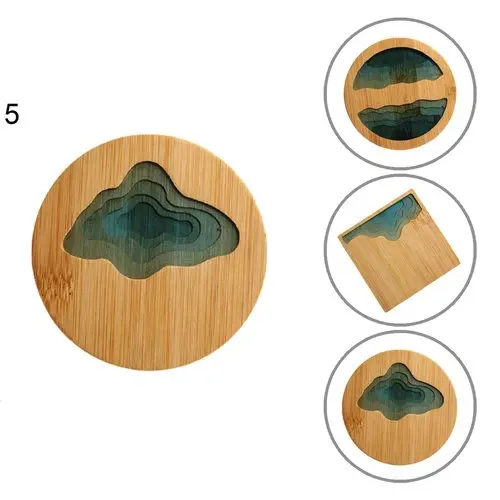 Newest Natural Eco friendly Custom Insulation Tea Coffee Cup Pad Round Ocean Wave Drink Mat Epoxy Resin and Bamboo Coasters