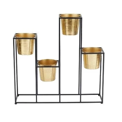 Factory Wholesale Metal Iron 4 Gold Flower pot Planter on 1 Big Black Stand For Big Places And Areas