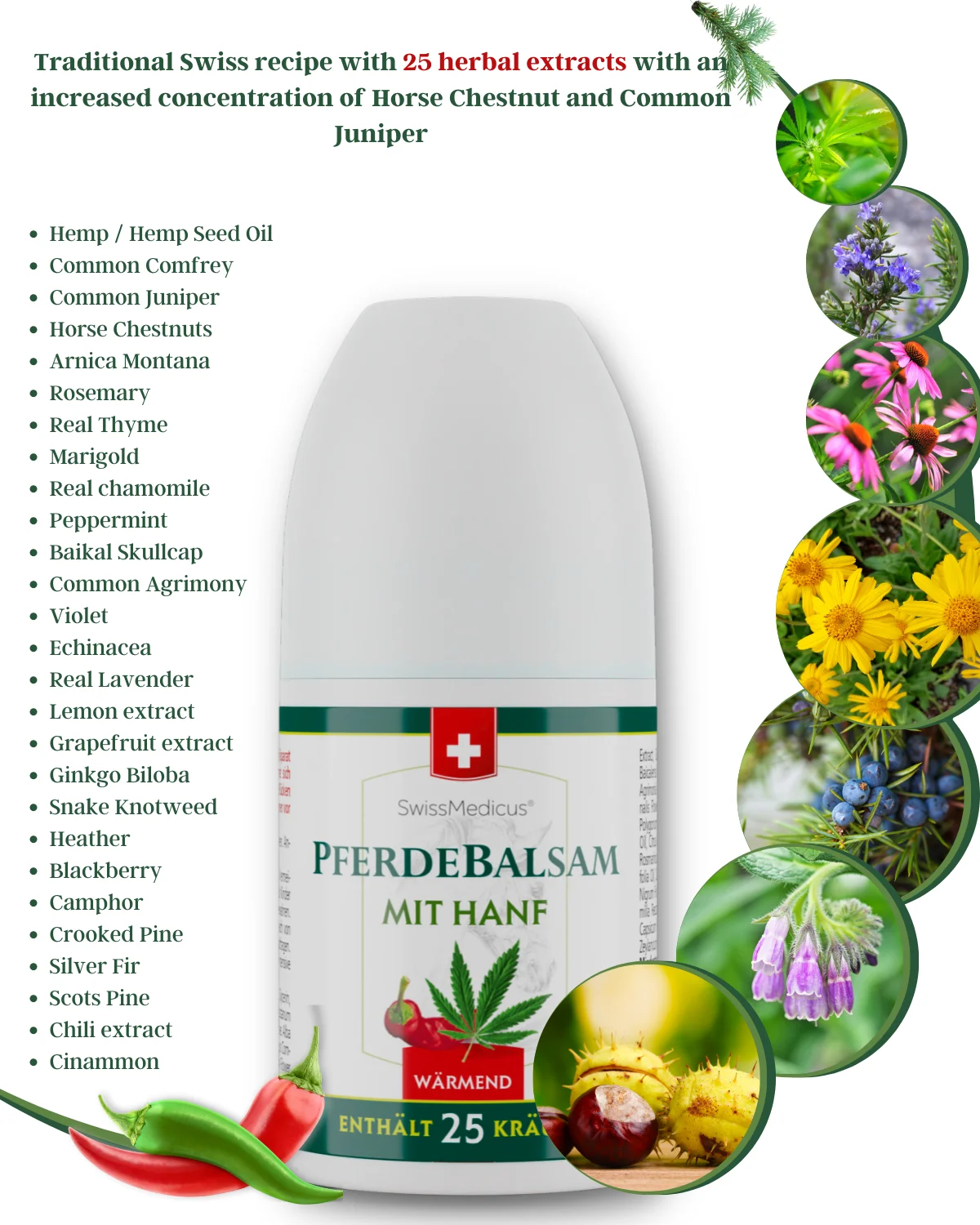 SwissMedicus Pferdebalsam with hemp warming ROLL-ON for joints & muscles, Swiss quality, Pain relief cream, Varicose veins, 90ml