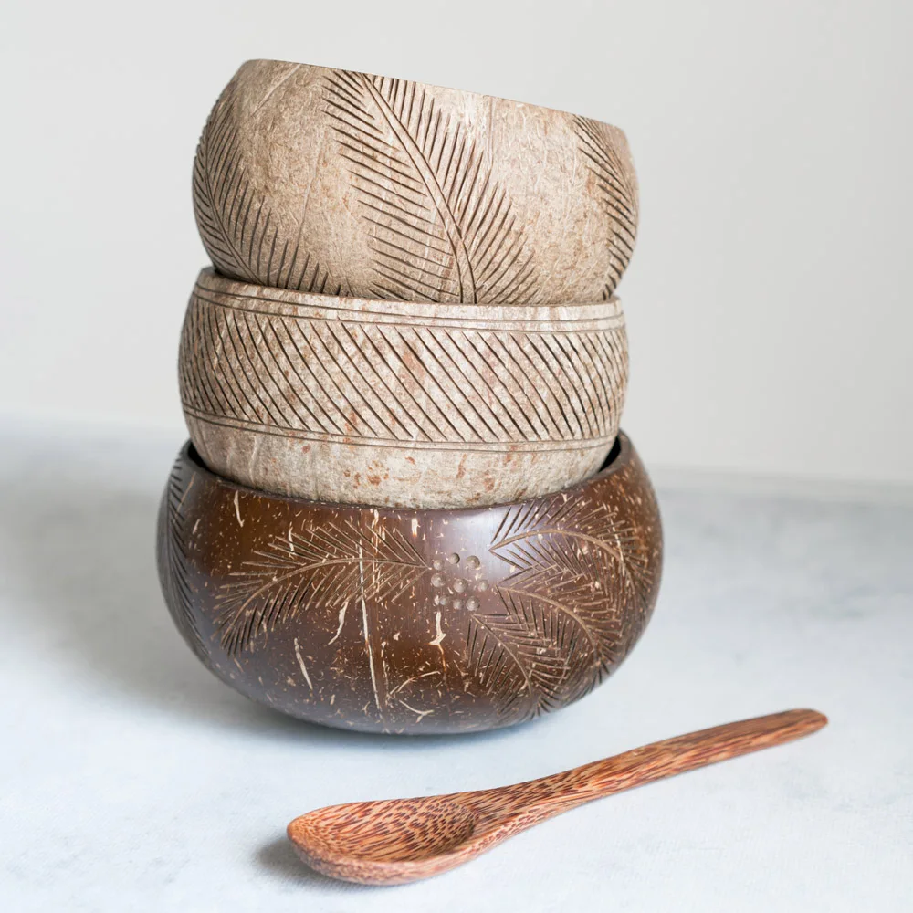 Wholesale Contemporary Simple Design Natural Eco Friendly Coconut Shell Tea Ice Cream Cups With Stand