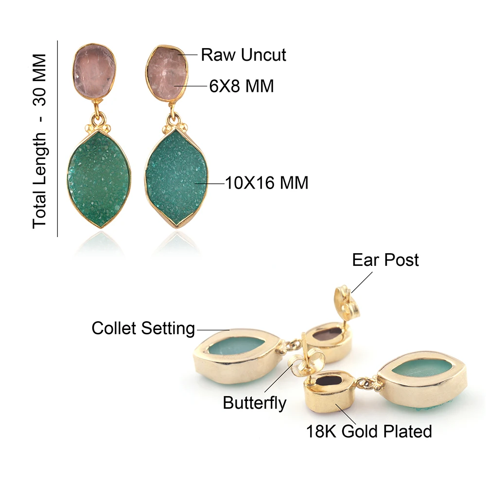 Custom two stone earrings real raw rose quartz with resign sugar druzy stud drops 18k gold plated women jewelry studded earrings