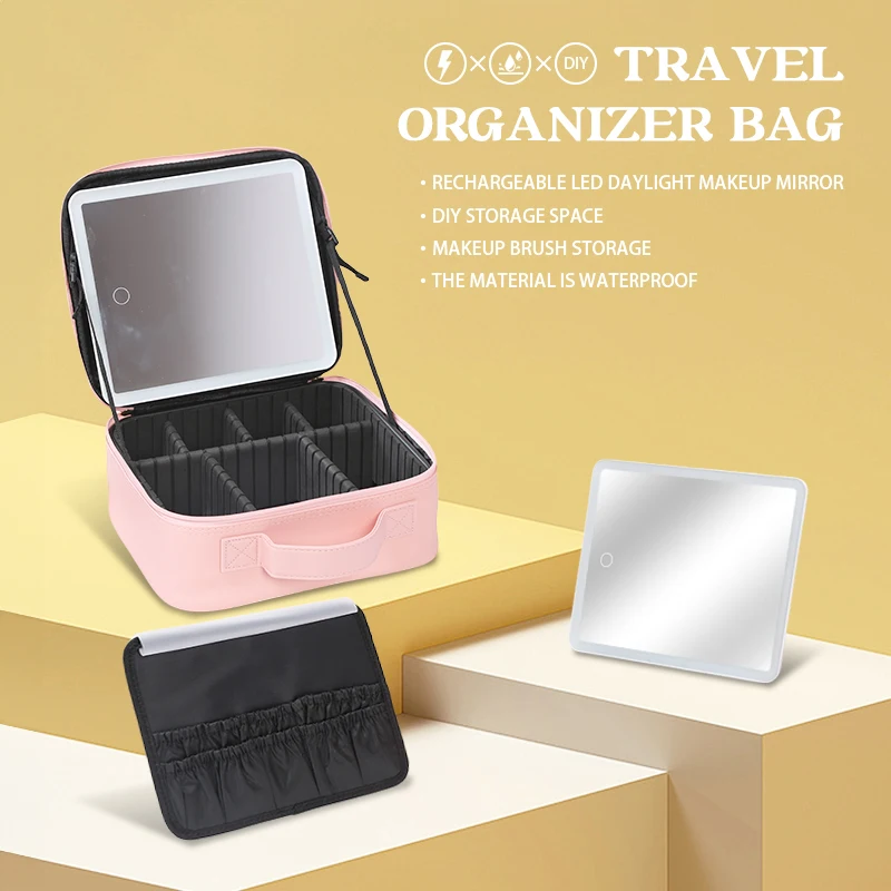 Leather makeup case makeup mirror with LED mirror can store cosmetics travel makeup mirror