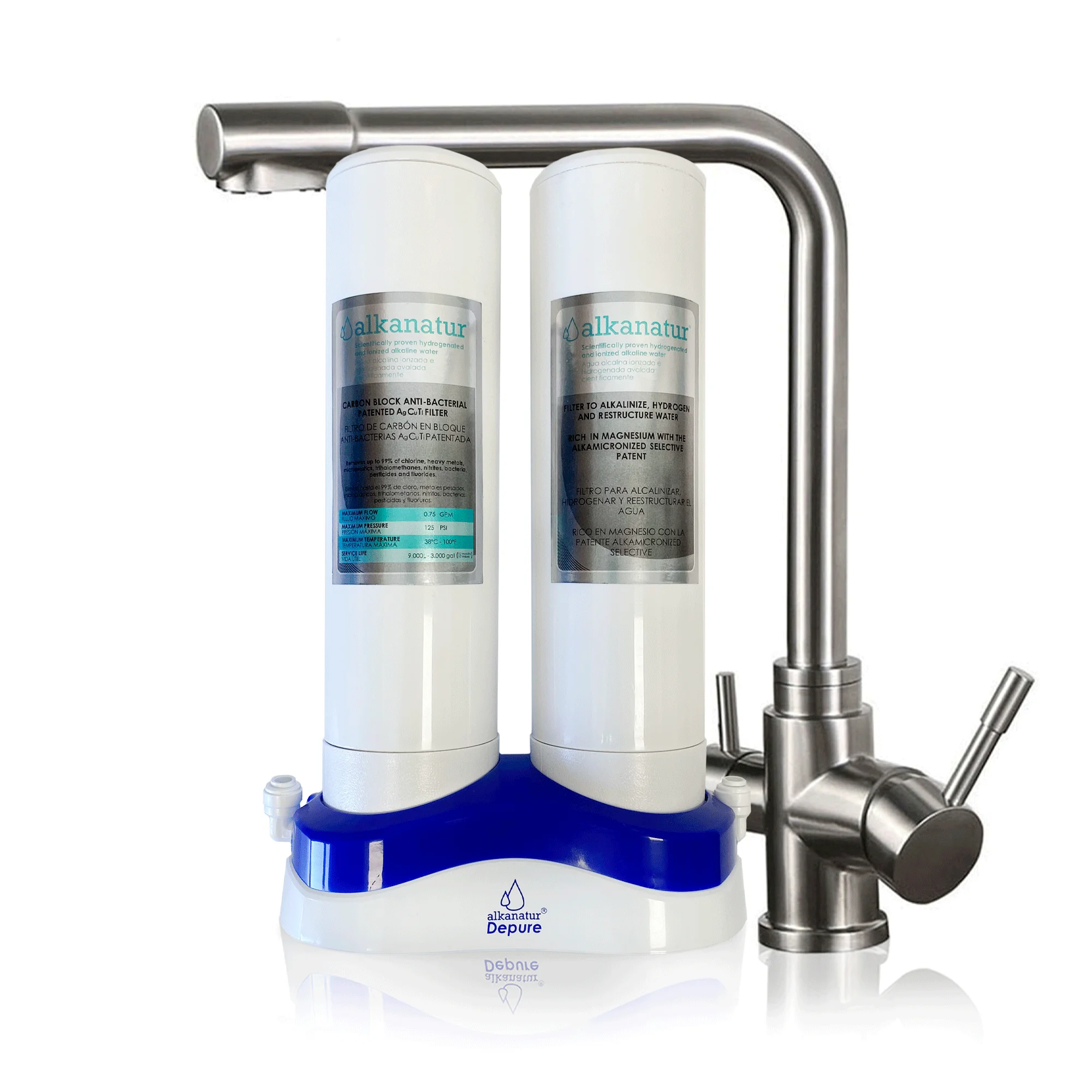 Alkanatur Depure Ultrafiltration System under sink with 3-way faucet to purify water for export