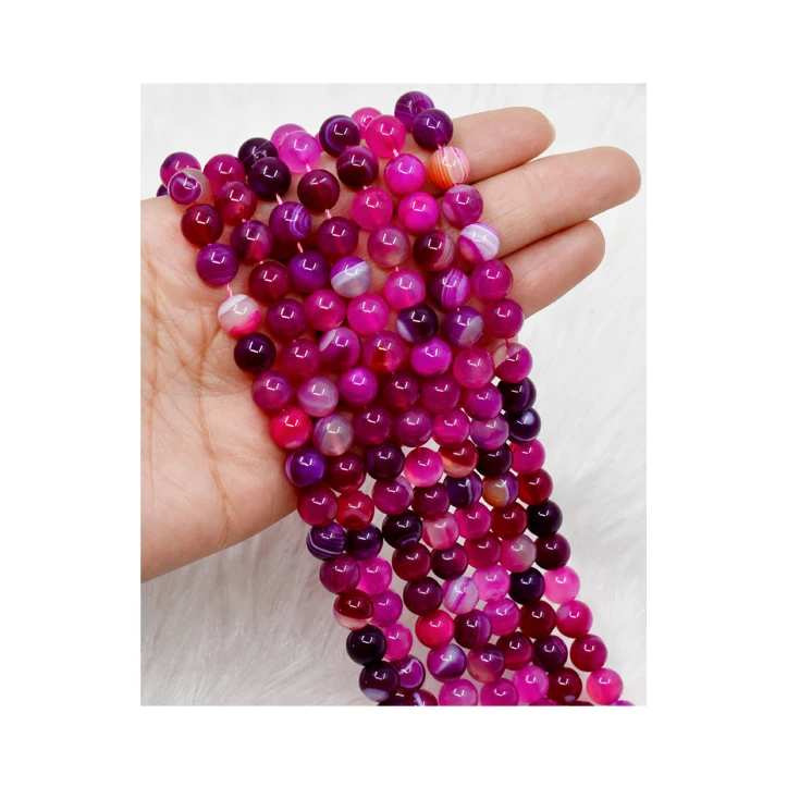 Premium Quality Wholesale Polished Natural Stone Banded Agate Pink 10mm Round Beads for DIY Jewelry Making