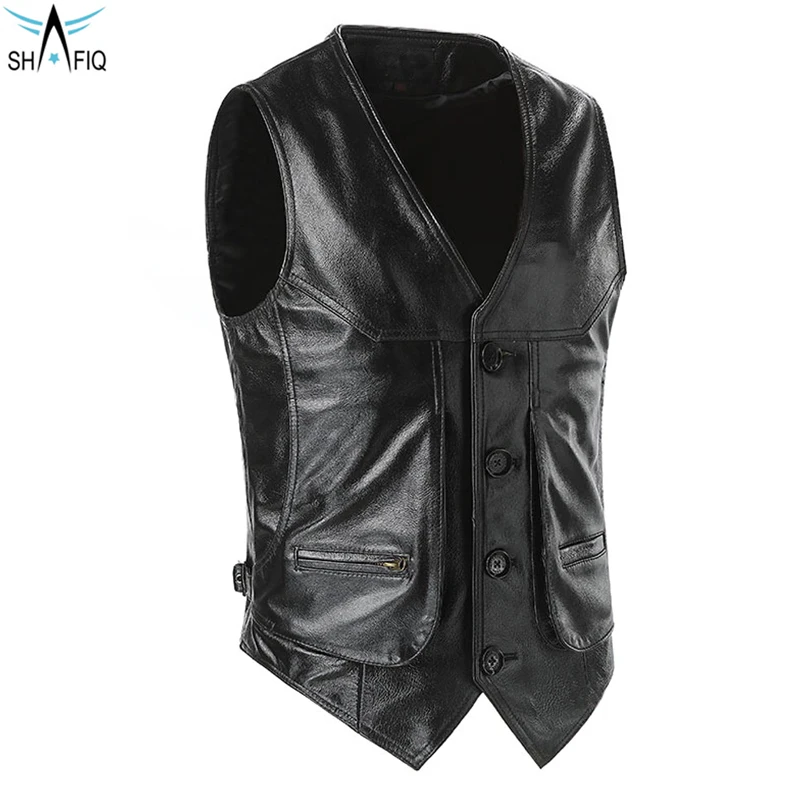 Однотонный черный цвет с боковыми карманами на молнии и V-образным вырезом удобная мужская одежда кожаный жилет от Shafiq Sports