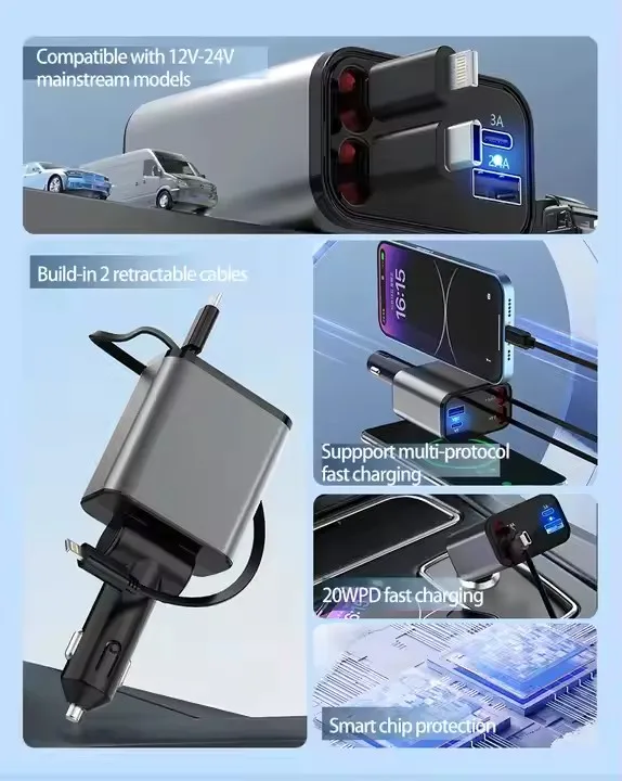 Trend Products 4 In 1 Retractable Fast Car Charger For Phone And Type C Retractable Cables And 2 Charging Ports Charger