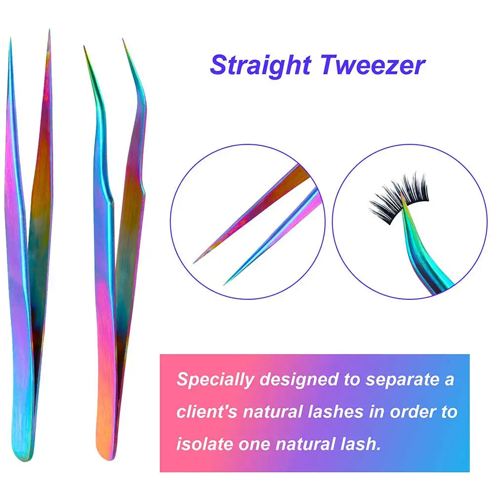 High Quality Stainless Steel Eyelash Tweezers Multi-Color Plasma Pointed 90 Degree Fiber Tip Private Labeled Beauty Applicator