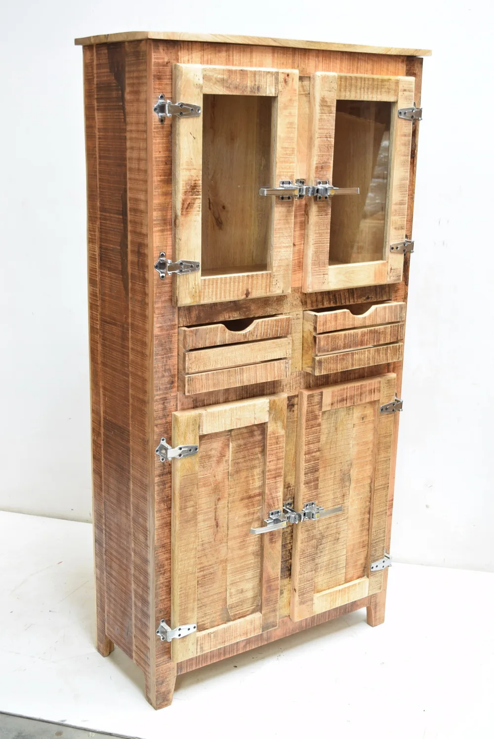 Indian Handmade Furniture Vintage Recycled Wooden Mirrored Display Rack Storage Cabinet for Home Kitchen and Commercial Places