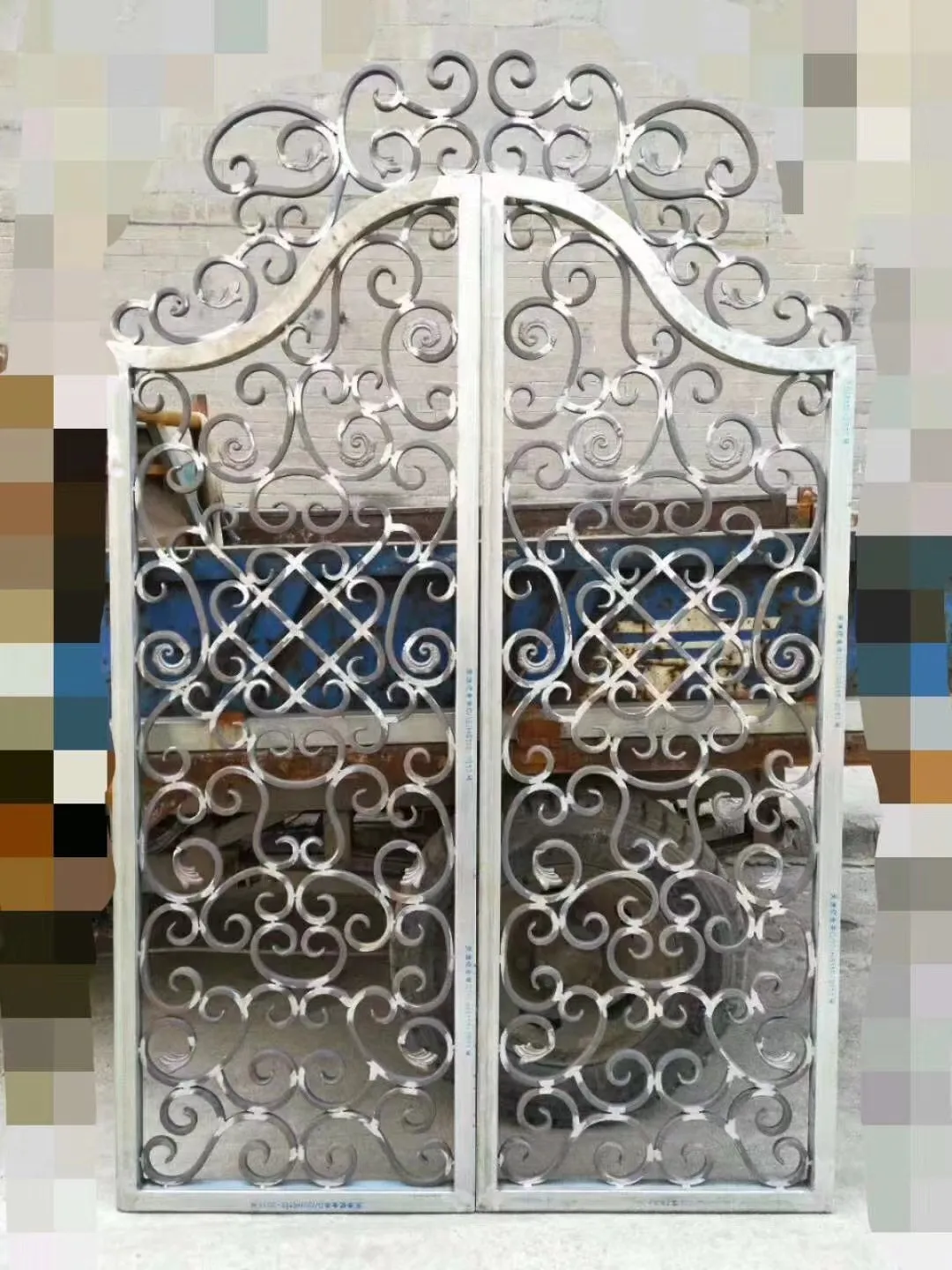 decorative small arched transom design security exterior vented glass double swing open outside wrought iron front entry door