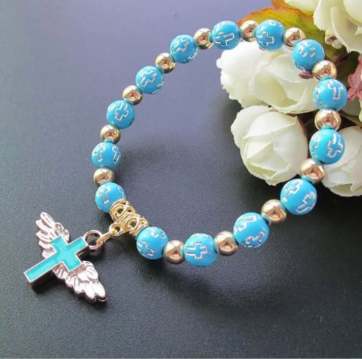 8mm Angel Wing Cross Rosary Bracelets White Gold Cross Charms with Angel Wing Acrylic Baptism Beaded Bracelets Making Jewelry