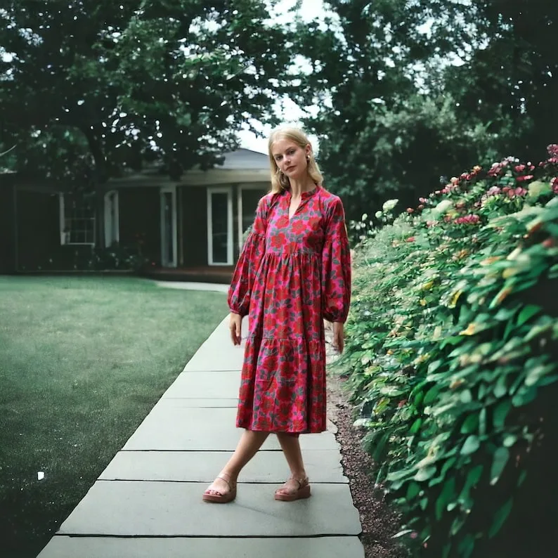 Indian Ethnic Floral Cotton Maxi Dress Bohemian Style with Hand Block Print and Long Bell Sleeves Casual Dresses for Women