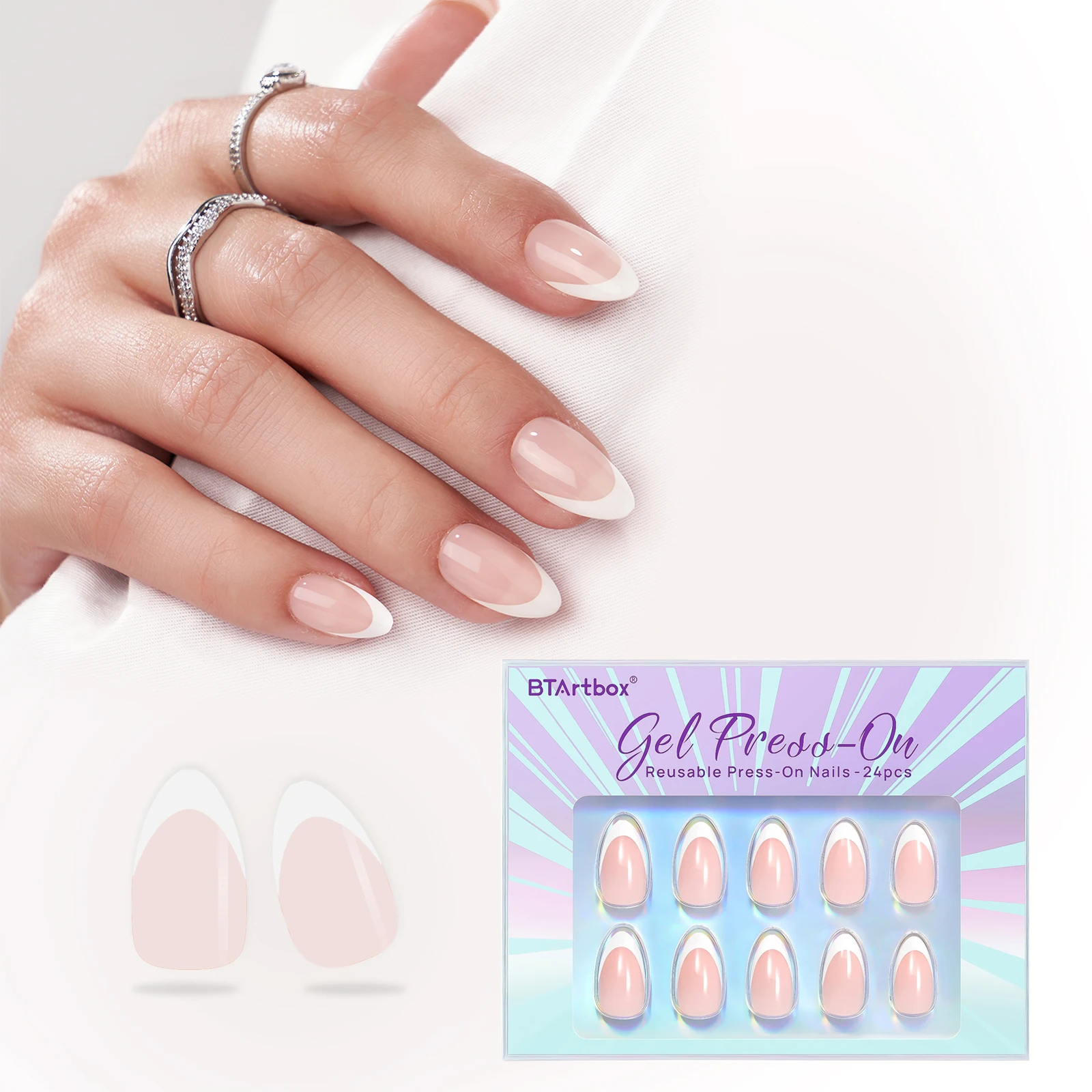 BTArtbox Short Almond French Tip Press On Nails Wholesale Acrylics Artificial Fingernails Soft Gel Fake Falae Nails Press On