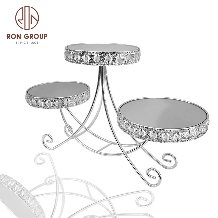 New Design Luxury OEM Party Wedding Banquet Decoration 3 Tier Round Metal Silver Cupcake Tray Mirror Cake Stand with Pearl Edge