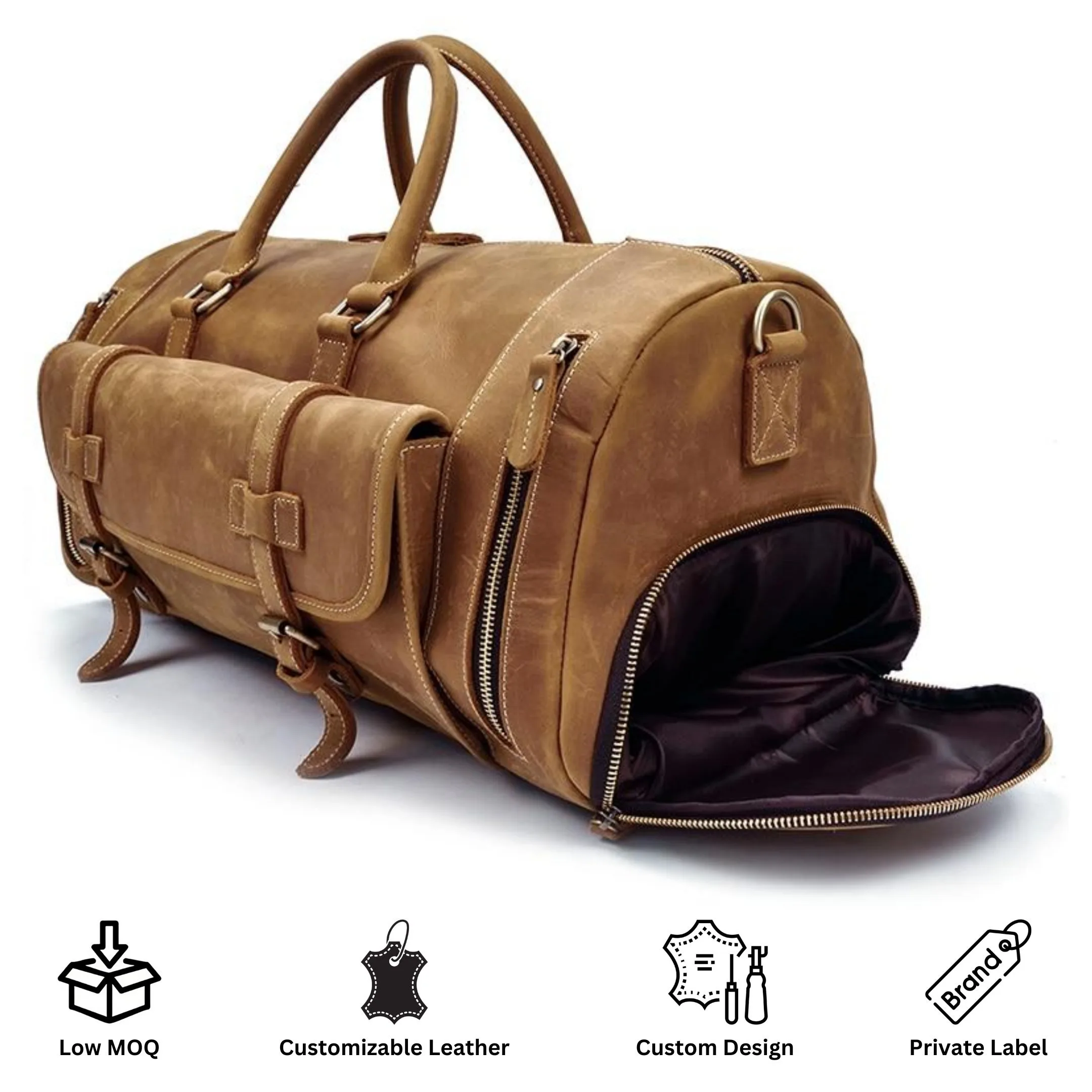 High-End Crazy Horse Genuine Leather Duffel Bag YKK Zipper Multiple Pockets Shoe Compartment Weekender Business Trips Gym Use
