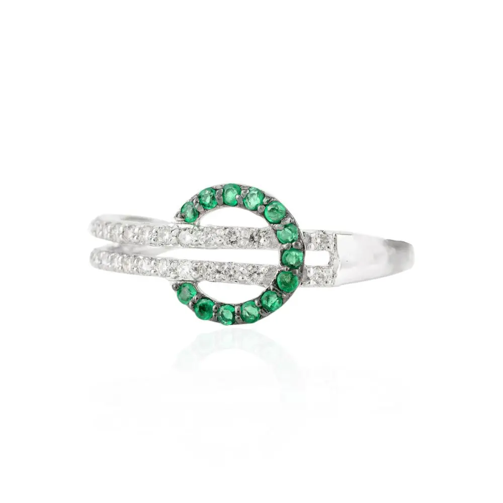 Wholesale Hot Selling Product 18k Solid White Gold Natural Emerald & 100% Authentic Real Diamond Belt Buckle Fine Jewelry Ring