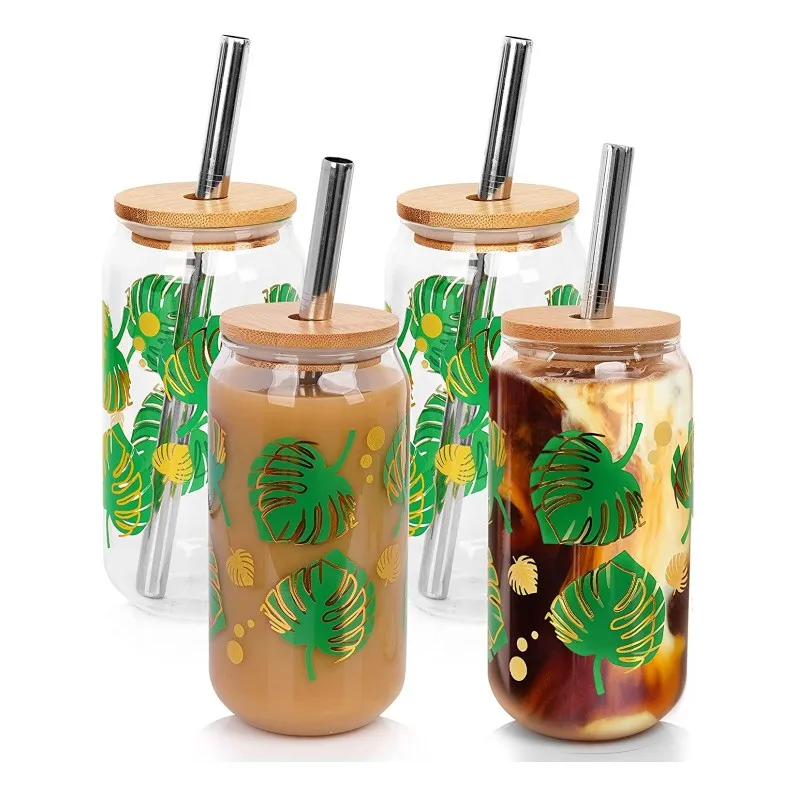 Color Changing Beer Can Glasses 16oz with glass cup with bamboo lid and glass straw