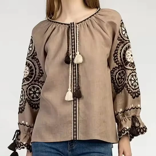 New Arrival Summer Cotton Blouse Embroidered Long Sleeves With Tassel Design Top Vintage Romanian Shirts For Summer Party Favour